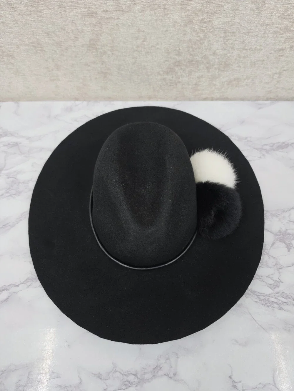 Echo Wool Cloche Floppy Brim Hat Leather Band with Rabbit Fur Pom Poms Black